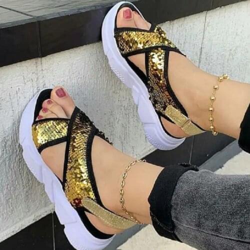 Platform Sandals Womens 2021 New Summer Fashion Sequined Womens Wedge Shoes Womens Fish Head Bright Color Sandalia Feminina