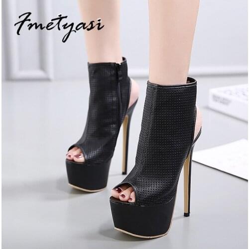 High-heeled Sandals Thin Heels Leather Platform Waterproof Sexy Hollow PU Stiletto Sandals for Women Breathable Peep Toe Zipper
