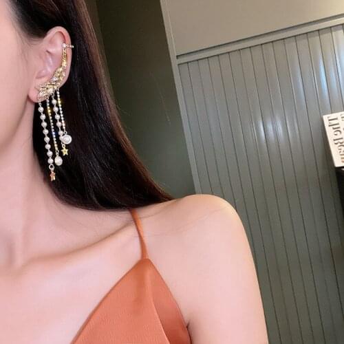Geometric Pearls Star Rhinestone Earrings for Women Long Tassel Crystal Ear Clip Earrings Weddings Party Jewelry Accessories