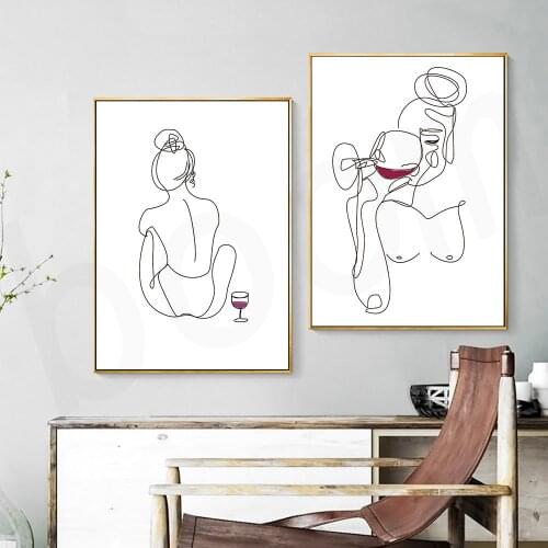 Nordic Abstract Line Drawing Woman Body Nude Posters Print Red Wine Glass Drink Canvas Painting Wall Art Pictures Bedroom Decor