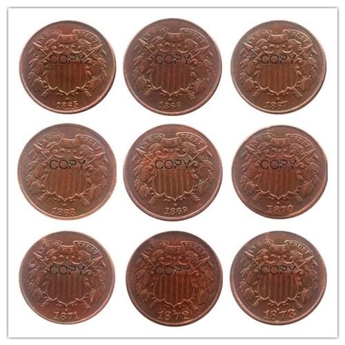 US (1865-1873) 9pcsTwo Cent 100% Copper Coins
