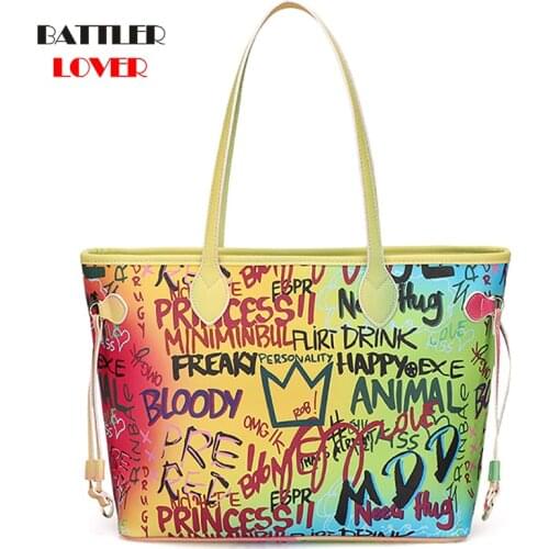 Women Graffiti Big Capacity Tote Letters Printing Design Shoulder Bags For Female Appliques Brand Handbags Ladies Casual Purses