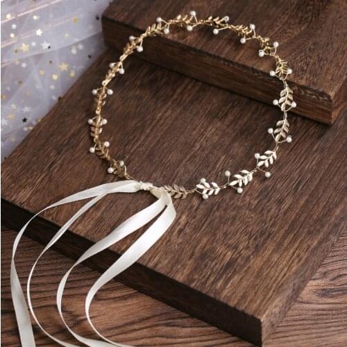 Gold Elegant Baroque Goddess Women Leaf Pearl Headband Headdress Hair Band Crown Bridal Wedding Leaves Tiara Hair Accessories