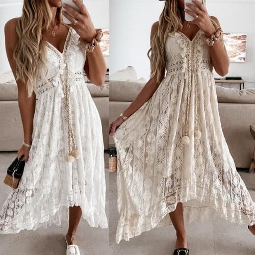 Women Fashion Lace Spaghetti Strap Dresses Summer Bohemian Style V-neck Dress Sleeveless White Dress