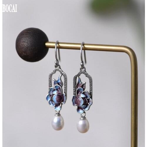 100% real S925 pure silver fashion jewelry blue earrings for women Thai silver cloisonne pearl earrings women earrings silver