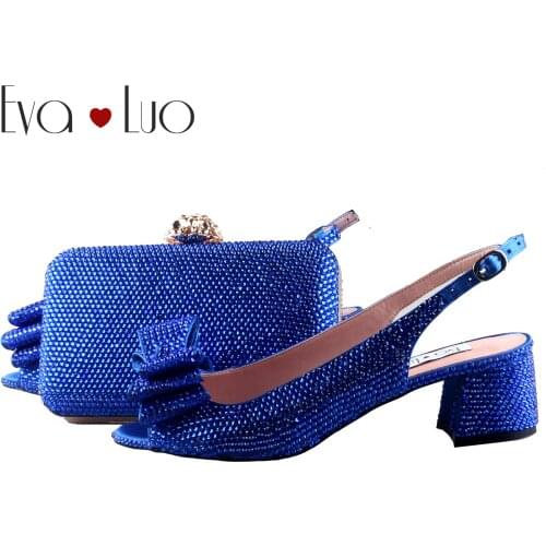 BS1129 Custom Made Royal Blue Crystal Bow Shoes with Matching Bags Set Slingbacks Block Low Heel Women Bridal wedding Shoes