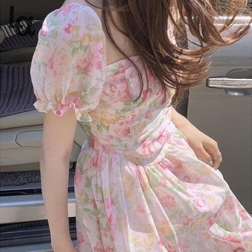 Luck A Floral One Piece Dress Korean Elegant Casual Womens Dresses Party Puff Sleeve Vintage Beach Dresses Females Boho 2021