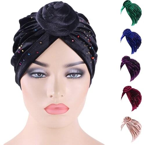 India Turban Velvet Twist Knotted Hat Muslim Women Pleated Chemo Cap Headscarf Headwear Beanie Bonnet Hair Loss Cover Rhinestone