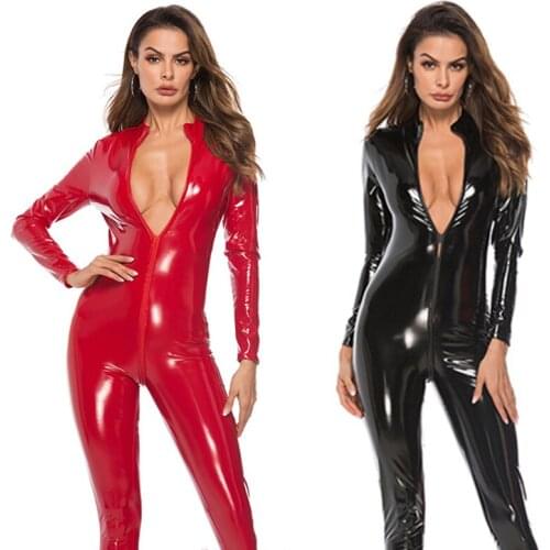 Body Suit Sexy Latex Bodysuit Double Zipper Open Crotch Nightclub Dance Wear Leather Sexy Lingerie Erotic catsuit for sex 5 Size