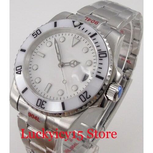 BLIGER White 40mm Men Watch MIYOTA 24 Jewels NH35A Automatic Movement Brushed Oyster Band Glide Lock Ceramic Insert Magnifier