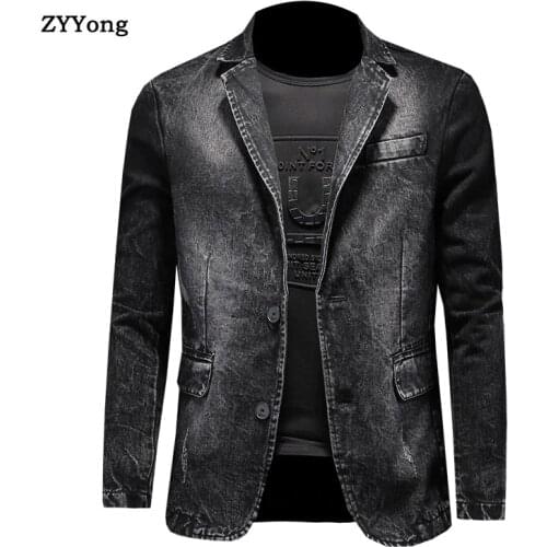 Cotton Men Denim Suit Jacket Single Breasted Pockets Gray Casual Street Spring Autumn Male Outwear Slim Man Cowboy Blazer