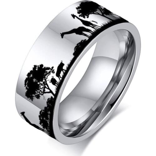 Assorted Nature Scene Deer Wood Rree Personalized Engraving 8MM Wide Stainless Steel Pipe Cut Tube Ring for Men Women Jewelry
