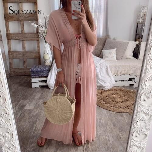 Lace Patchwork Cotton Half Sleeve Beach Cover Up Dress Tunic Long Pareos Bikinis Cover Ups Swim Cover Up Robe Plage Beachwear