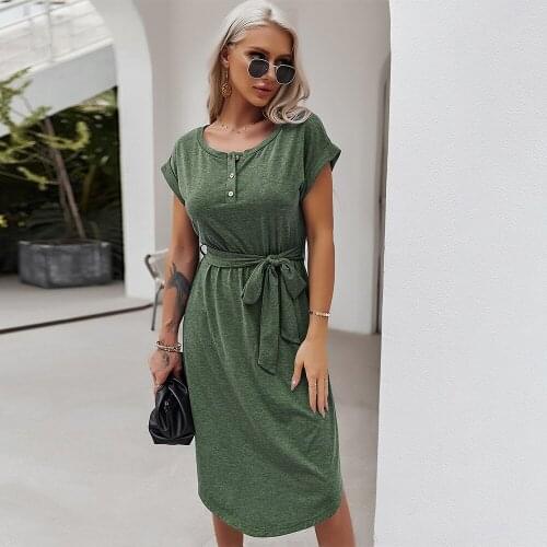 Summer Elegant Womens Dresses 2021 Office Cotton Ladies Clothing Short Sleeve O-Neck Woman Clothes New Short Sleeves Casual