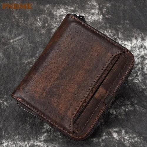 Vintage natural genuine leather mens womens short wallet simple casual real cowhide zipper teens ID card holder coin purse