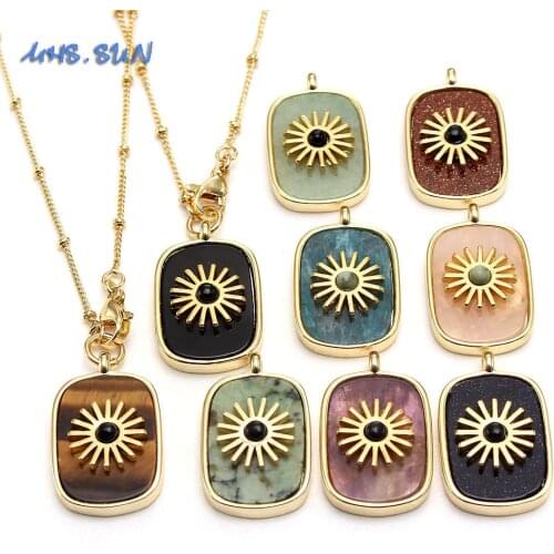 MHS.SUN Rectangle Natural Gems Stone Necklace Fashion Sun Flower Pendant Chain Necklace For Women/Men Gifts Jewelry
