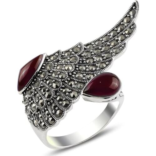 Silver 925 Sterling Red Agate & Marcasite Ring