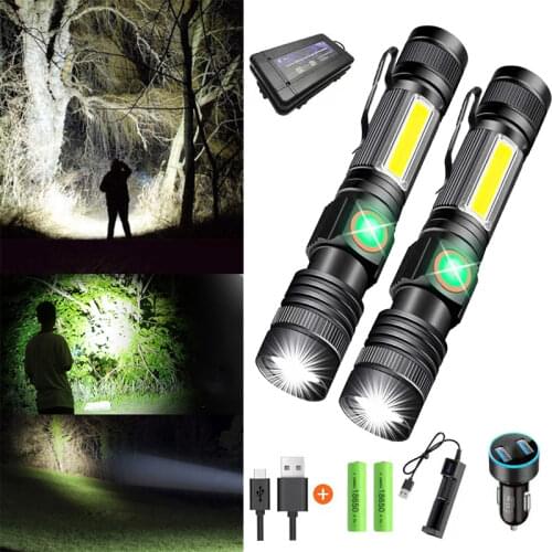 Super Bright T6 LED Flashlight USB Rechargeable Waterproof COB Torch Zoom Camping Lamp Portable 18650 Lantern with Tail Magnet
