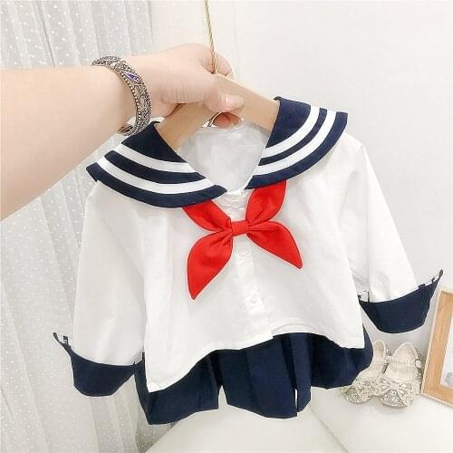 Preppy Girls Kids JK Uniform 2pcs Clothes Set Autumn Long Sleeve Children Baby T-shirt Tops+Pleated Skirt Student Suit ADK403