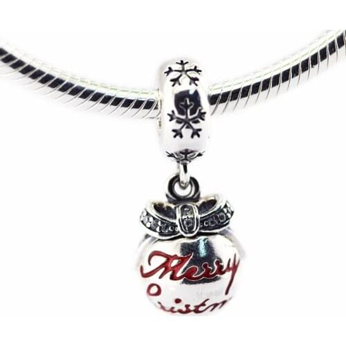 Merry Christmas Bauble Pendant Charms for Chain Bracelets Silver 925 Jewelry Clear CZ Bow Ball Red Charms for Jewelry Making