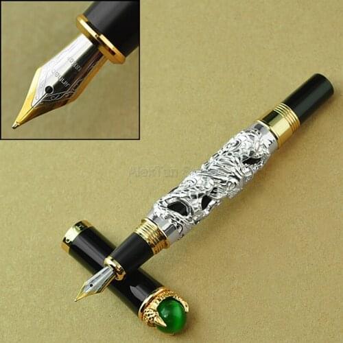 Jinhao Vintage Dragon King 18KGP M Nib Fountain Pen , Metal Embossing Green Jewelry on Top, Silver Drawing Refillable Ink Pen