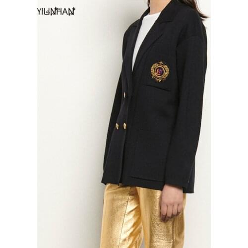YILINHAN England Style Badge Double Breasted Wool Blazer Coat Vintage Long Sleeve Pockets Female Outerwear Chic Women Tops