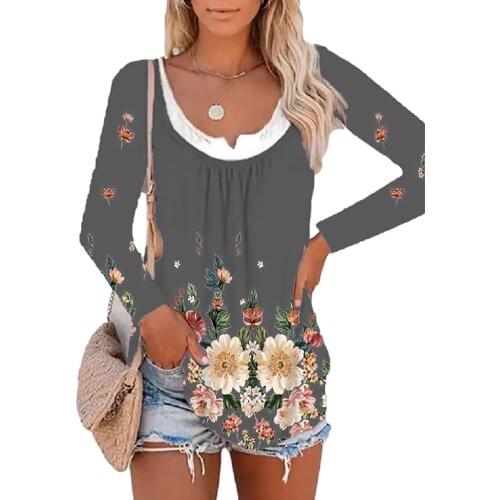 Spring Autumn Women New Fashion Flower Pattern T-shirt Lady Tops Female Loose O-neck Long Sleeve Clothes