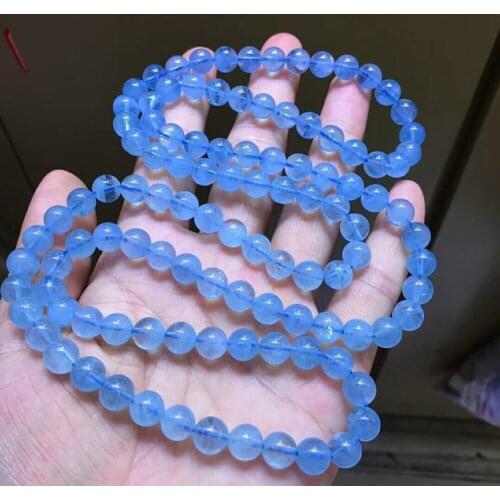 Natural Genuine Ocean Blue Crystal Round Stone Bead Women Ladies Four-laps Bracelet 7.8MM
