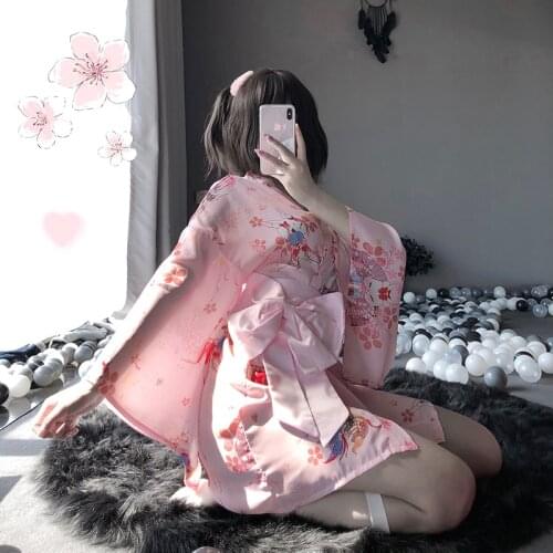 Pink Cute Japanese Printed Kimono Bathrobe Sexy Cosplay Uniform for Women Soft Silk Belt 3pcs Set Robe AV Costumes Pajamas
