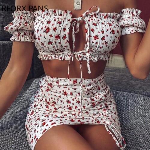 Women Suit Floral Tie Front Crop Short Top & Mini Skirt Set Summer Suit