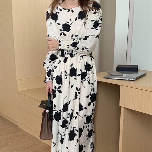 Alien Kitty Elastic Waist Slim Long Dress Loose Chic Printing Floral Women New Hot Retro 2021 Autumn Office Lady Party Vestido