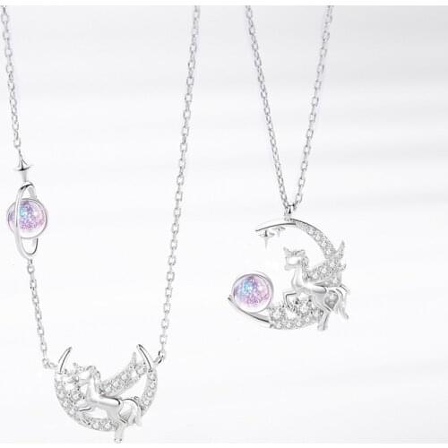 925 Sterling Silver Unicorn Planet Charm Pendent Necklace For Women Girls Party Wedding Jewelry Choker Collar dz116