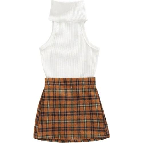 2Pcs Toddler Summer Outfit Set Solid Color Ribbed High-Neck Sleeveless Crop Tops + Plaid Short Skirt for Girls Two Piece Suit