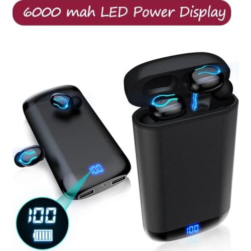 Q66 Wireless V5.0 Bluetooth Earphone HD Stereo Headphone Sports Waterproof Headset with 6000mAh Battery Case 2in 1 Power Bank