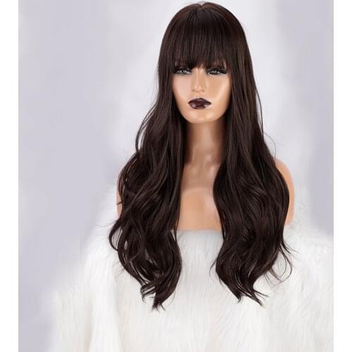 AISI BEAUTY Long Wavy Brown Wigs Synthetic Wigs with Full Bangs for White/Black Women Brazilian American Middle Part Hairs