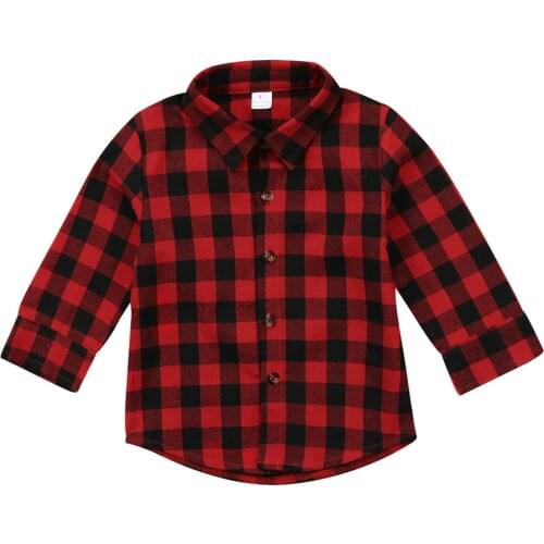 FOCUSNORM Toddler Kids Baby Boy Girl Plaid Letter Turn Down Collar Long Sleeve Cotton Tops Shirt Clothes