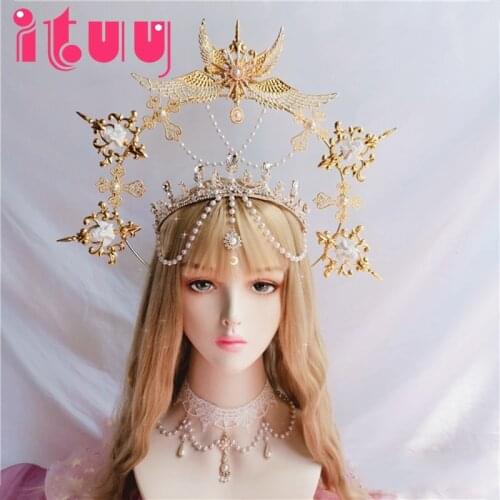 Gothic Lolita KC Gothic Gold Halo Angel Wings Sun Godmothers Virgin Mary Goddess Headpiece Bead Chain Bride Hair Accessories