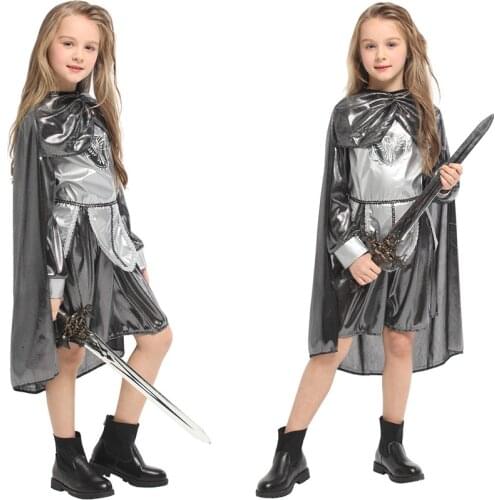 Halloween cosplay costumes Shining Silver Medieval Warrior Knight Costume Girls Purim Carnival Party Masquerade Dress / Cape