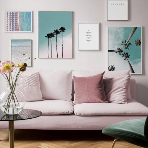 Coconut Palm Tree Pink Beach Sea Umbrella Wall Art Canvas Painting Nordic Posters And Prints For Living Room Wall Decor