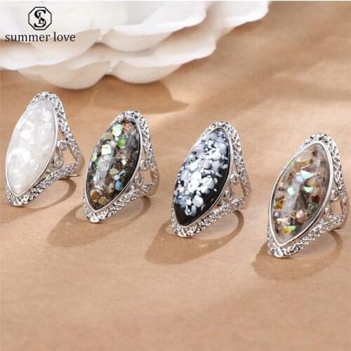 4 Color Vintage Antique Silver Color Big Oval Shell Finger Ring Band Ring For Women Female Statement Boho Beach Jewlery Gift