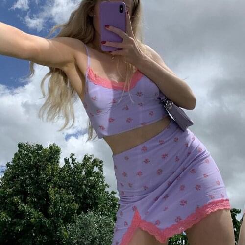 New Fashion Womens Sexy Camisole Skirt Suit Fresh Floral Lace Trim Cropped Vest And Tight Split Short Skirt 2 pces Party Wear