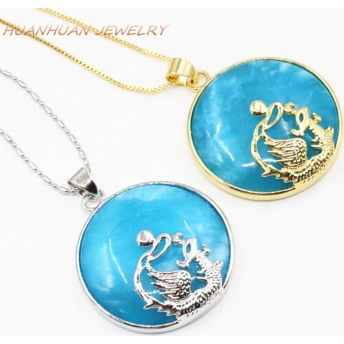 Trendy Blue Jades Natural Stone Pendant For Women Chain Necklace 32mm Stainless Steel Circle Round Pendants Dragon Inlay B3327