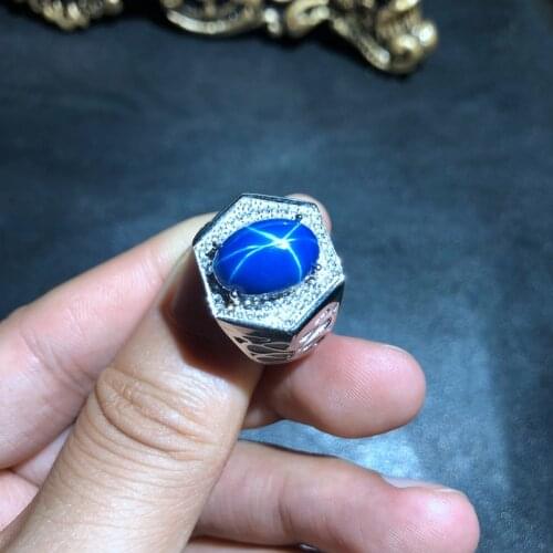 Big size masculine ring blue Star Sapphire gemstone ring for men 925 sterling silver men birthday gift souvenir love
