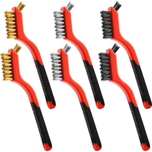 Wire Brush Set, 6 Pieces of Brass/Stainless Steel/Nylon Wire Brushes, for Cleaning, with Curved Handles