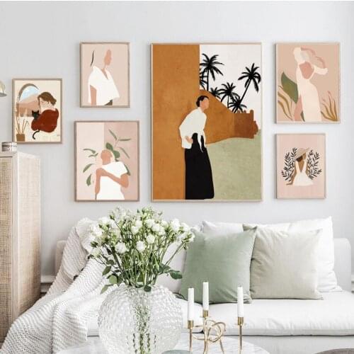 Wall Art Canvas Painting Fashion Girl Cat Green Plants Nordic Posters And Prints Abstract Wall Pictures For Living Room Decor