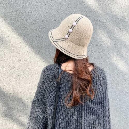 Vupouma New style literary stitching three-button double-stripe wool female autumn and winter wild basin hat
