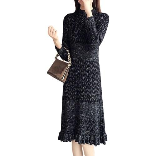 2020 new fashion bright silk knit dress women autumn winter sweater jumper dresses female Slim half-turtleneck bottomdress 3156