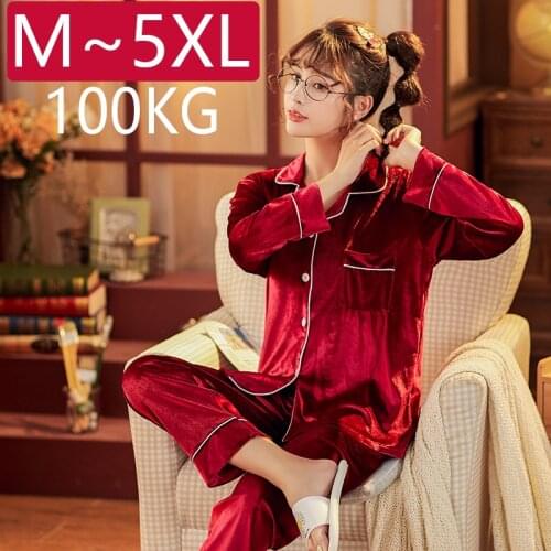 Plus Size 5XL Winter Warm Pajama Sets for Women Gold Velvet Homewear sleepwear home clothes Lounge Clothes Housewear Room Wear