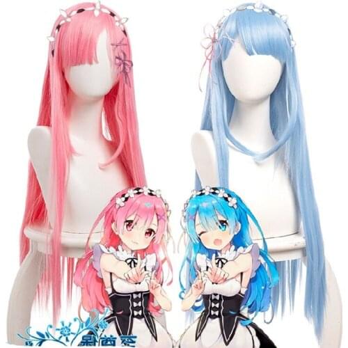 Re Life In A Different World From Zero Rem Ram Pink Blue Long Straight Cosplay Synthetic Hair Halloween Party Carnival + Wig Cap