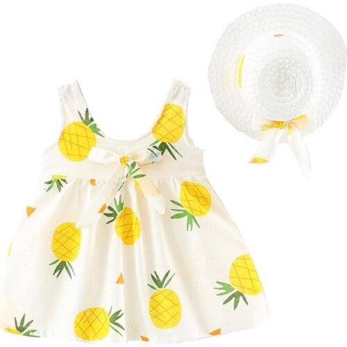 Pineapple Baby Dress With Hat Cotton Casual Toddler Girls Summer Outfit Kids Childrens Clothes